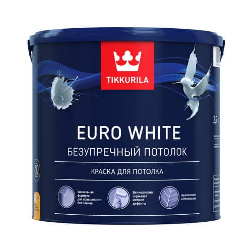 Купить Краска для потолков акриловая матовая TIKKURILA Euro White 2,7 л по низкой цене