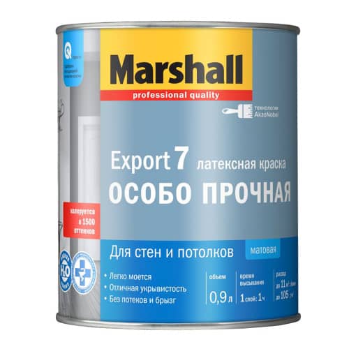 Купить Краска моющаяся латексная матовая Marshall Export-7 белая 0,9 л по низкой цене