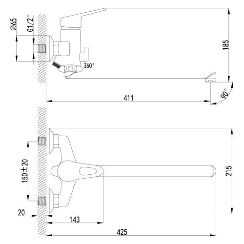 Купить Смеситель для ванны LEMARK Luna длинный излив с набором для душа по низкой цене