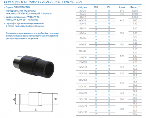 Купить Переход ПЭ 100/сталь (из полиэтилена) ПОЛИПЛАСТИК диаметр 20-900 мм, SDR 11, SDR 13,6, SDR 17 по низкой цене