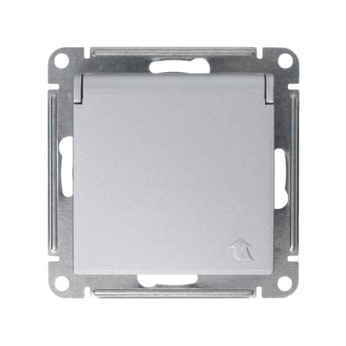 Купить Розетка Schneider Electric Атлас Дизайн с заземлением со шторками с крышкой без рамки алюминий по низкой цене