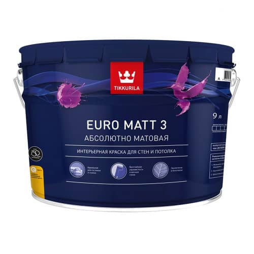 Купить Краска моющаяся латексная матовая TIKKURILA Euro Matt 3 белая 9 л по низкой цене