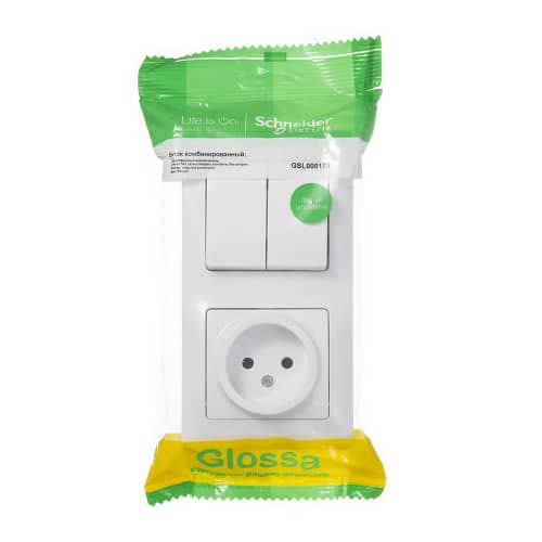 Купить Выключатель двухклавишный + розетка Schneider Electric Глосса с рамкой без заземления белый по низкой цене