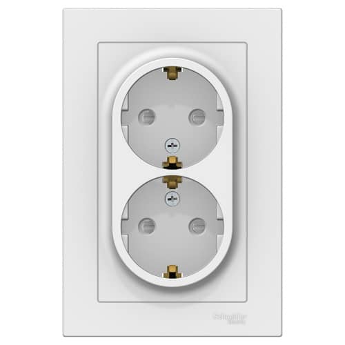 Купить Двойная розетка Schneider Electric Атлас Дизайн с заземлением со шторками с рамкой белая по низкой цене