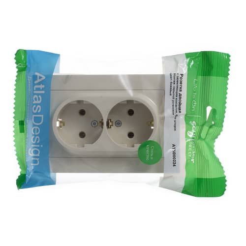 Купить Розетка двойная Schneider Electric Атлас Дизайн с заземлением с рамкой бежевая по низкой цене