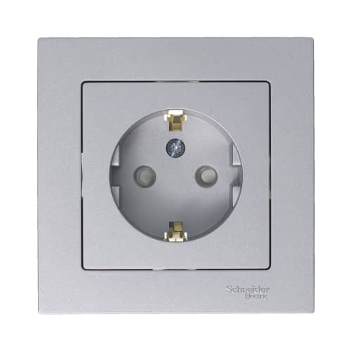 Купить Розетка Schneider Electric Атлас Дизайн с заземлением со шторками без рамки алюминий по низкой цене