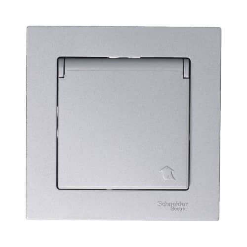 Купить Розетка Schneider Electric Атлас Дизайн с заземлением со шторками с крышкой без рамки алюминий по низкой цене