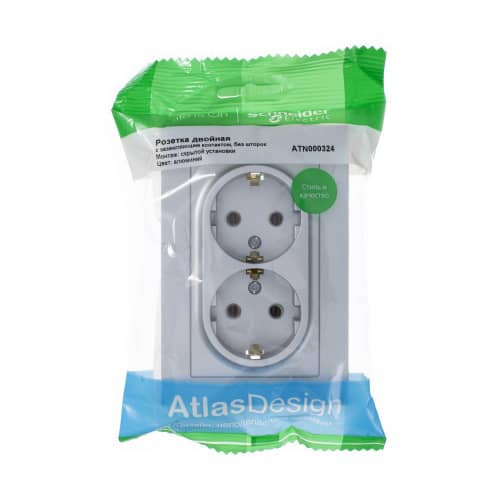 Купить Розетка двойная Schneider Electric Атлас Дизайн с заземлением с рамкой алюминий по низкой цене