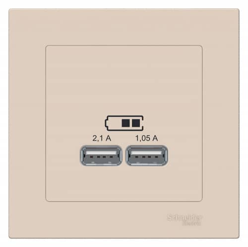 Купить Розетка USB Schneider Electric Атлас Дизайн двойная без рамки бежевая по низкой цене