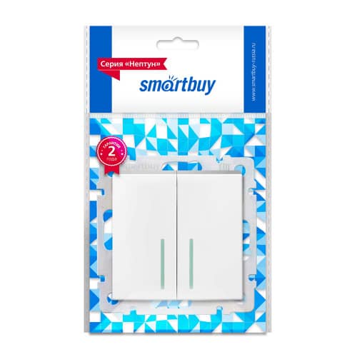 Купить Выключатель двухклавишный Smartbuy Нептун с подсветкой без рамки белый по низкой цене