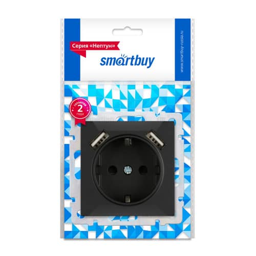 Купить Розетка + 2 USB Smartbuy Нептун с заземлением без рамки черная по низкой цене