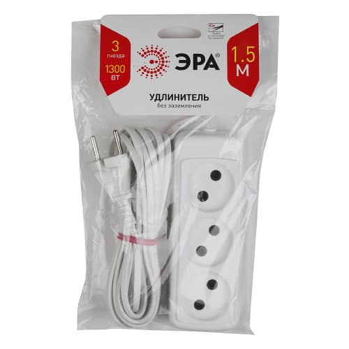 Купить Удлинитель электрический ЭРА 3 гнезда без заземления 1,5 м по низкой цене