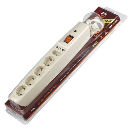 Купить Фильтр сетевой ЭРА SF 5 гнезд + 2 USB 2 м слоновая кость по низкой цене