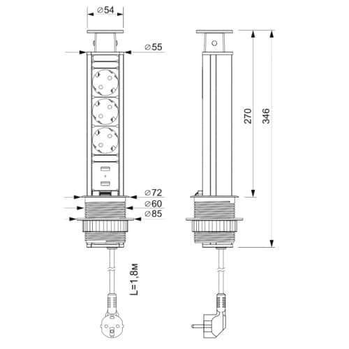 Купить Блок розеток выдвижной GLS 3 розетки с кабелем 1,8 м вертикальный по низкой цене