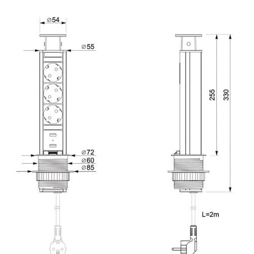 Купить Блок розеток выдвижной GLS 3 розетки с кабелем 1,8 метра + 2 USB вертикальный по низкой цене