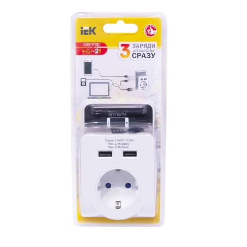 Купить Адаптер-переходник 2хUSB 2,4 A + гнездо с заземлением IEK по низкой цене
