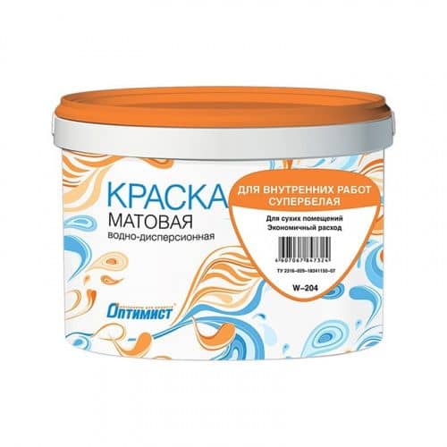 Купить Краска Оптимист W204 в/д, влагостойкая, интерьерная, супербелая 14 кг (9 л) по низкой цене