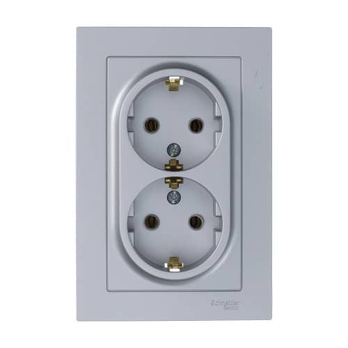 Купить Розетка двойная Schneider Electric Атлас Дизайн с заземлением с рамкой алюминий по низкой цене