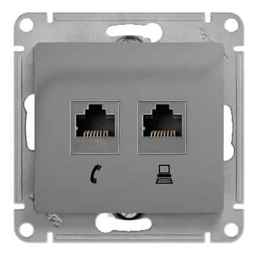 Купить Розетка компьютерная + телефонная Schneider Electric Глосса без рамки алюминий по низкой цене