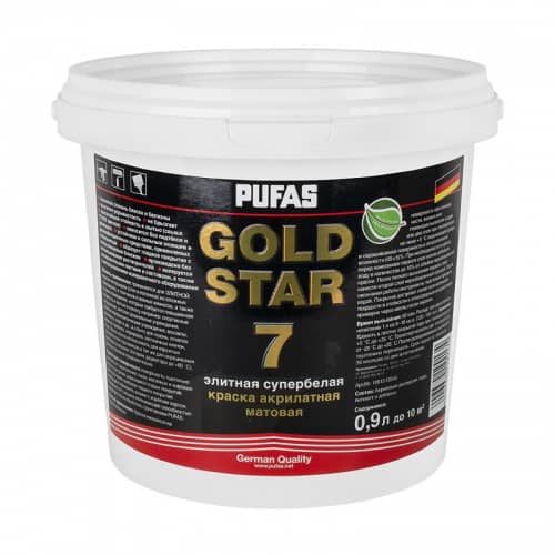 Купить Краска PUFAS GOLD STAR 7, акрилатная, матовая, Основа D мороз. 0,9 л по низкой цене